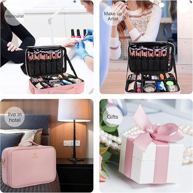 Relavel Makeup Bag Travel Makeup Train Case 13.8 inches Large Cosmetic Case Professional Portable Makeup Brush Holder Organizer and Storage with Adjustable Dividers and Shoulder Strap (Pink)