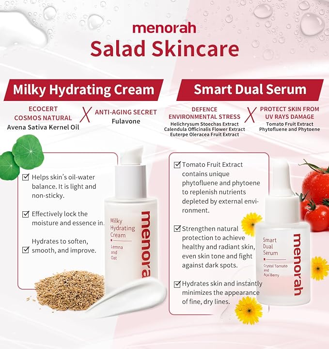 menorah skincare - Smart Dual Serum - with Crystal Tomato and Acai Berry, Anti-Aging Face Serum with Vitamin C+E, Natural Coconut & Palm Oils, Glow & Hydration Booster, Oil-Infused Formula