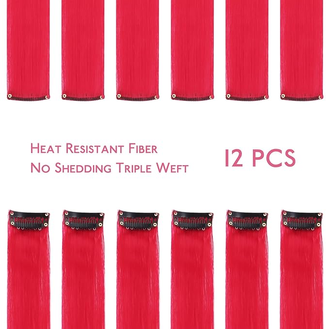 WENNALIFE 12 PCS Red Hair Extensions Clip in, Colored Clip in Hair Extensions for Kids Highlights Rainbow Hair Clips for Girls Synthetic Straight Pop-up Style Colorful Festival Girls Hair Accessories