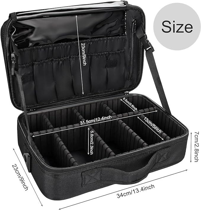 Relavel Makeup Bag Travel Makeup Train Case 13.8 inches Large Cosmetic Case Professional Portable Makeup Brush Holder Organizer and Storage with Adjustable Dividers and Shoulder Strap Black