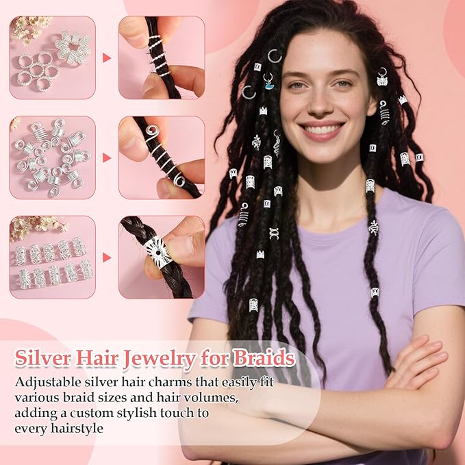 285PCS Silver Hair Jewelry for Braids, 37 Styles Loc Jewelry Charms for Women and Men, Adjustable Metal Hair Cuffs Rings and Clips, Braids and Dreadlocks Accessories, Braiding Hair Jewelry Decorations