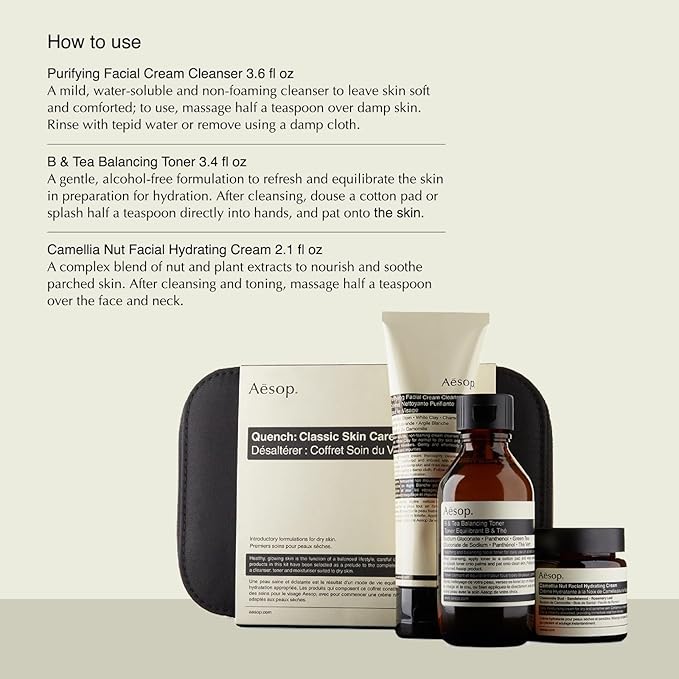 Aesop Quench Classic Skin Care Kit | 3 Step Routine formulated for Dry Skin | Travel Size Facial Cleanser 3.6 oz + Balancing Toner 3.4 oz + Hydrating Cream 2.1 oz