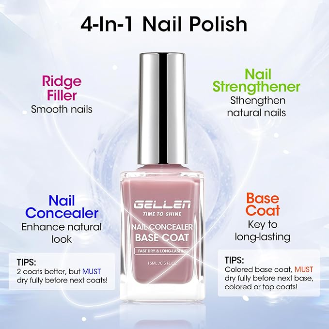 GELLEN 4-In-1 Dusty Purple Rose Illuminating Nail Concealer Base Coat Polish, Fall Sheer Mauve Nail Strengthener Ridge Filler for Nails, Smoothes Strengthens Nails, Quick Dry, Hema Free Non-toxic