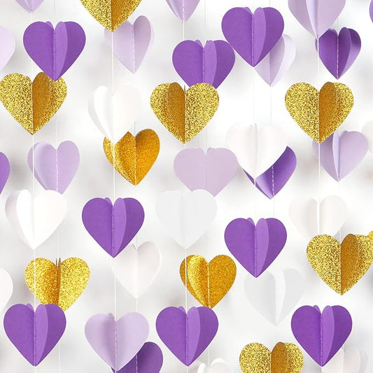 Purple-Gold Party-Decorations 3D Heart Garland - 39Ft White Purple Lavender Graduation Hanging Paper Streamers Banner, Women Birthday Wedding Engagement Baby Bridal Shower Decor Ouruola