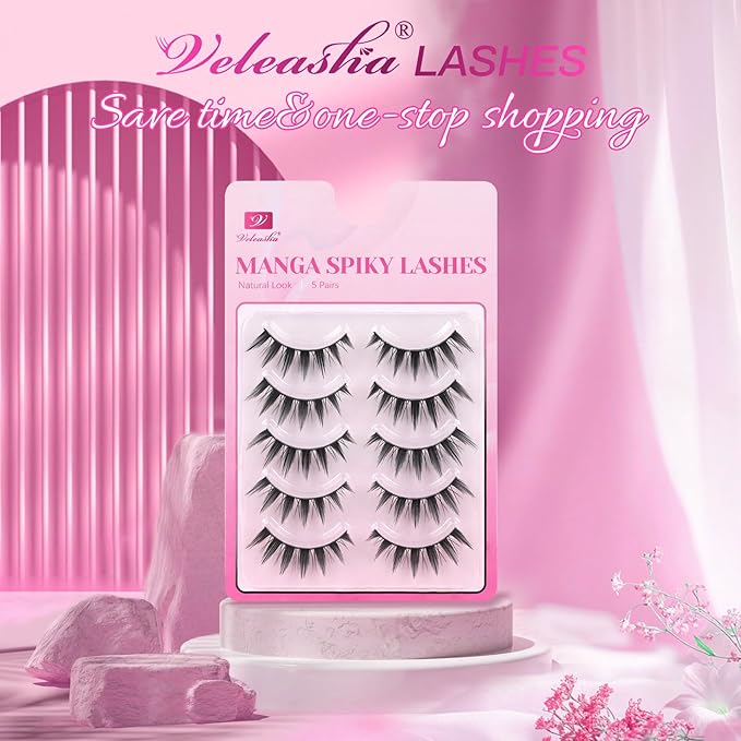 Veleasha Manga lashes Spiky EyeLashes Anime Lashes 8D Doll Eyelashes Natural Look Soft Wispy Fake Eyelash 5 Pairs 100% Handmade with Cotton Band (Otaku)