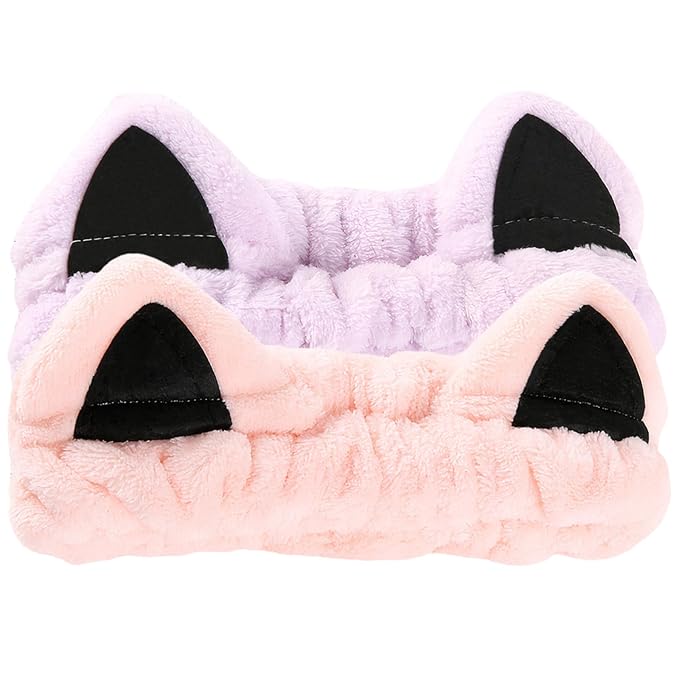 2 Pcs Cat Ears Headband, Cute Spa Headbands for Washing Face Skincare Makeup Headbands for Women Girls Trendy Stuff Present Soft Coral Fleece Hair Accessories(Pink Purple)