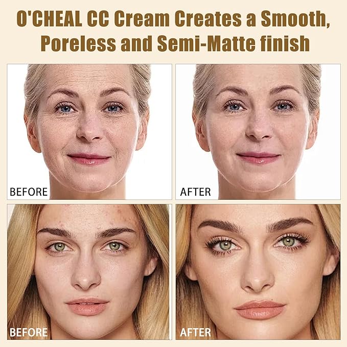 O'CHEAL CC Cream with SPF 50+, Hydrating Color Correcting Cream Full Coverage Lightweight Powder Foundation, Waterproof Long Lasting Pre-makeup Primer Facial Concealer Refine Skin Texture (Ivory)