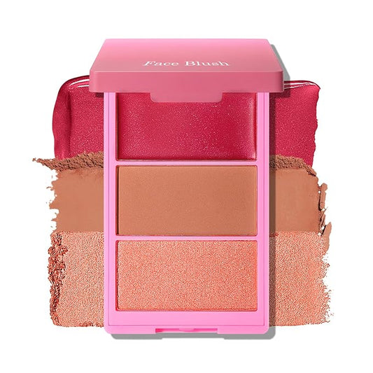 KYDA 3 Colors Blush Palette, All-In-One Face Maleup Palette, Matte Cheek Blusher Makeup, Multi-Finish Shimmery Blusher, Blendable Blush Highlighter Powder,03