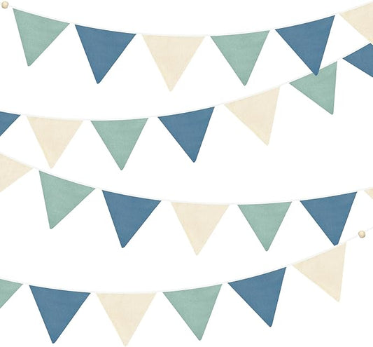 2 Sets of Blue Green Nursery Garland 24Pcs Green Blue Fabric Linen Pennant Banner Flags Triangle Streamers for Baby Playroom Decor Boys Nautical Birthday Hole in One Baby Shower Party Decorations