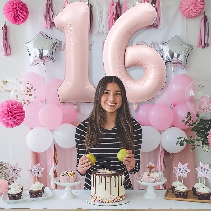 40 Inch 16 Balloon Number, Large Pastel Blush Baby Pink Foil Number 16 Balloons Birthday Party Decor, Light Dusty Pink Helium Self Inflating Balloon for Girl Women 16th Birthday Anniversary Decoration