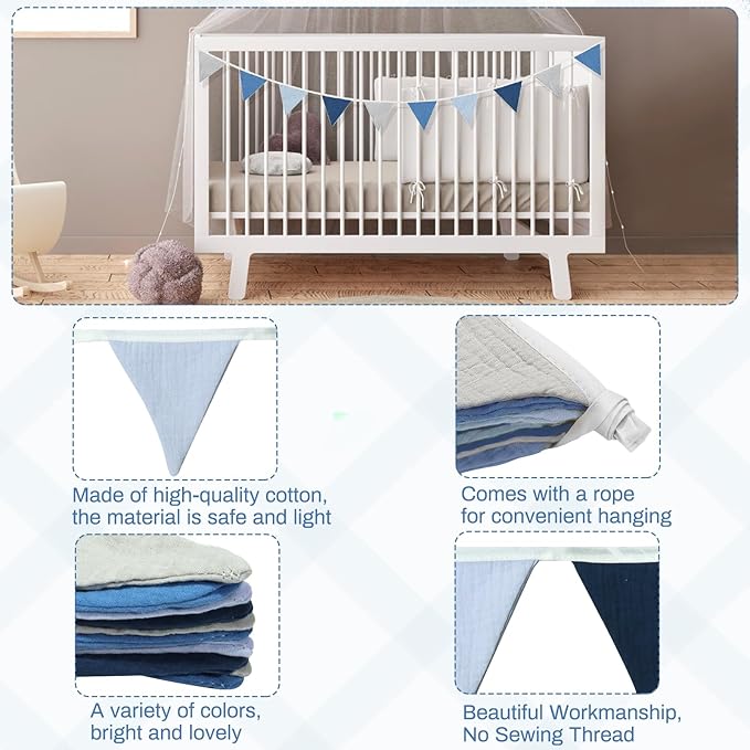 2PCS Pennant Banner Flags, Fabric Bunting Banner Nursery Garland Decor, Baby Shower Garland, Triangle Flags for Baby Boy Room, Playroom, Boho Birthday Party Decor, Each 7.75 ft (Blue Gray)