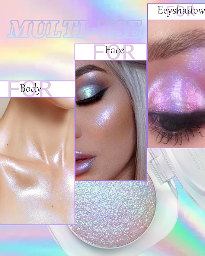 Glitter Holographic Eyeshadow Palette Multichrome Chameleon Face Highlighter, Sparkling Cream Color Shifting Single Eye Shadow Long Lasting Shimmer Inner Corner Eye Brightener Purple Mermaid Makeup-04