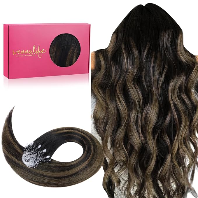 WENNALIFE Microlink Hair Extensions Human Hair, 50g 50s 14 Inch Balayage Natural Black to Chestnut Brown Remy Hair Microbead Micro Link Microloop Microring Invisible Straight Natural Fusion