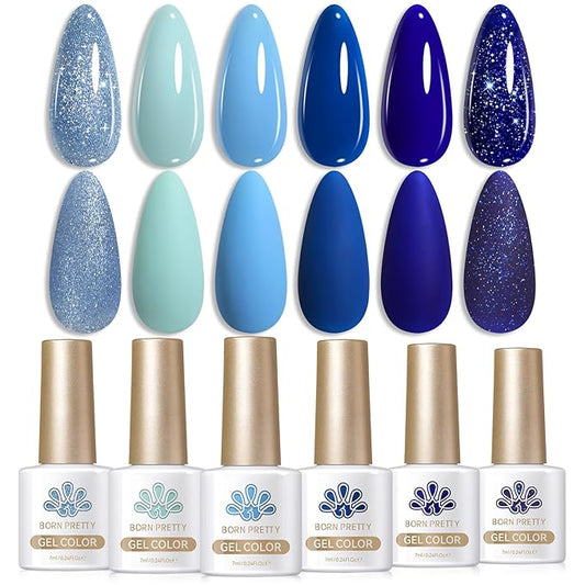 BORN PRETTY Blue Gel Nail Polish Set 6 Colors Light Blue Baby Blue Royal Blue Reflective Glitter Blue Nail Gel Kit Soak Off Nail Art Manicure Design Home Salon Holiday Gift