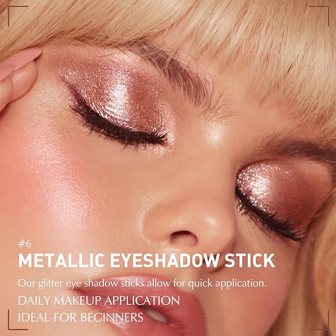 Glitter Eyeshadow Stick Metallic Chrome Finish, Shimmer Cream Eye Shadow Stick Long Lasting Holographic Color Sparkle Multi-Use Eye Brightener Highlighter Makeup Blendable Eyeliner Pencil, 6#