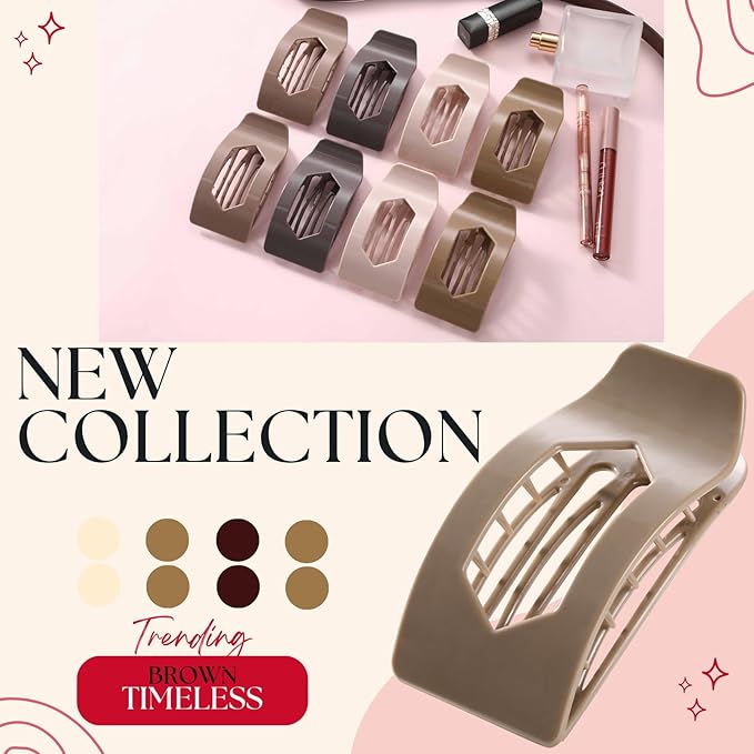 8 Pack Brown Flat Hair Clips for Women – Large Neutral Glossy No-Slip Rectangle Claw Clips for Thick & Thin Hair, Strong Hold Square Hair Accessories for Everyday Office or Coffee Look