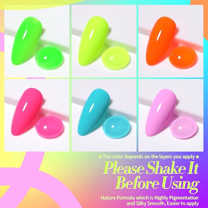 Born Pretty Gel Nail Polish Halloween Neon Fluorescent Orange Hot Pink Blue Yellow Green Purple Soak Off U V LED Gel Nail Polish Set Nails Art 7ml 6pcs