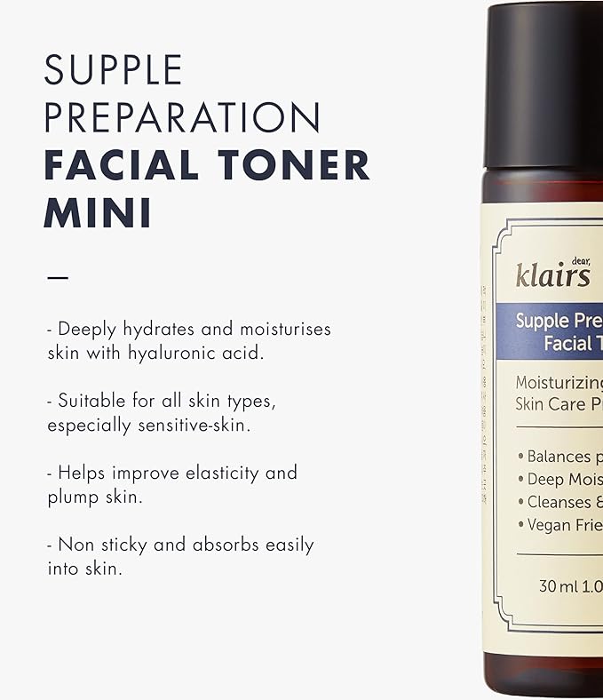 [DearKlairs] Supple Preparation Facial Toner with Hyaluronic Acid, Moisturizer, Paraben and Alcohol Free, Korean Skin Care, Hydrating Toner for Face, Sensitive Skin (30ml, 1.01 Fl Oz)