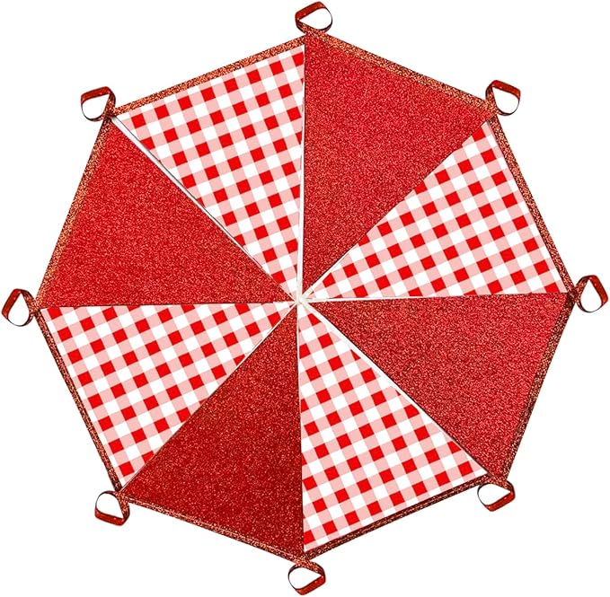 Red Buffalo Plaid Party Decorations Pennant Banner Flag Hanging Red Glitter Paper Triangle Bunting for Birthday Anniversary Baby Shower Wedding Bridal Shower Christmas Holiday Party Decor Supplies