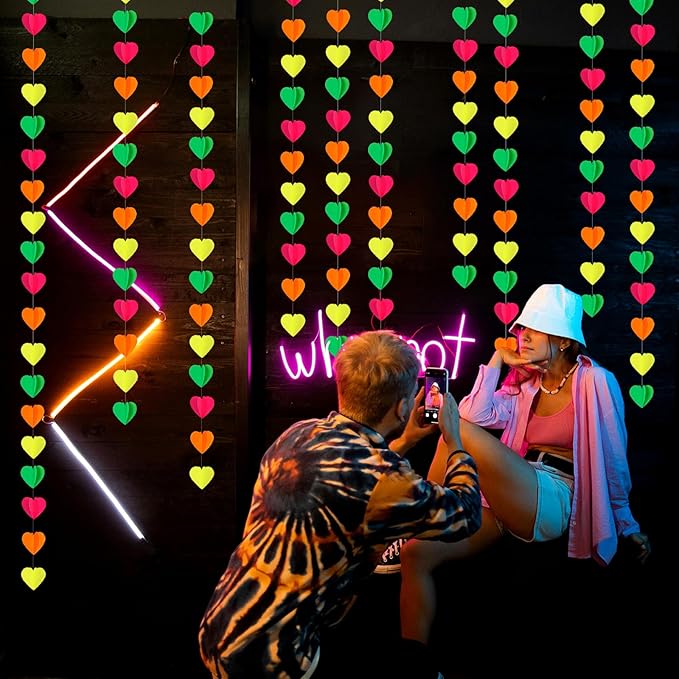 Valentines Day UV Neon Party Decorations Heart-Garland - 39Ft 3D Glow In The Dark Supplies, Hanging Paper Streamers Banner,Girl Romantic Wedding Anniversary Baby Bridal Shower Engagement Decor Ouruola