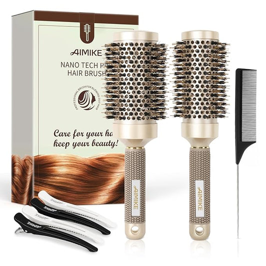 AIMIKE Hair Brush Set, Nano Thermal Ceramic & Ionic Tech Round Barrel Brush with Boar Bristles for Blow Drying, Enhance Texture for Styling, Curling and Shine, Includes 1 Tail Comb + 4 Hair Clips