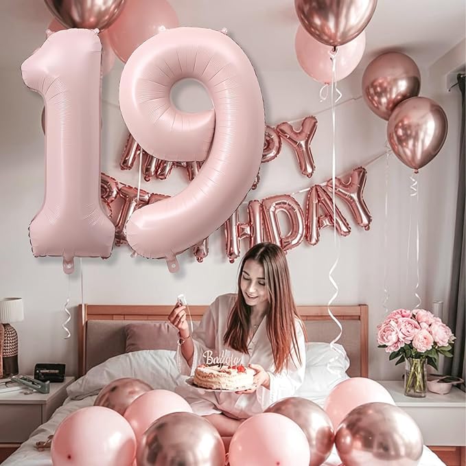 Pastel Pink 19 Balloon Number for Girls, 40'' Self Inflating Number 19 Balloons, Big Light Blush Pink Foil 1 & 9 Helium Balloon 19 for Women Boho Coquette 19th Birthday Party Anniversary Decorations