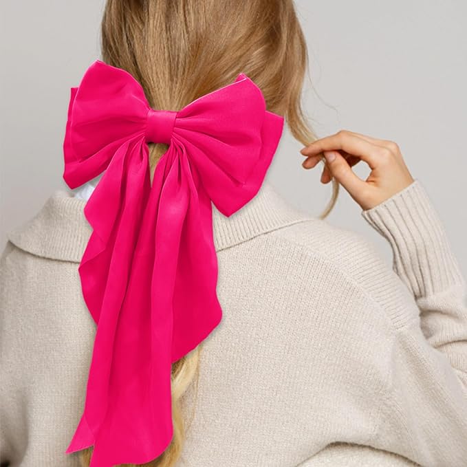 Ribbon Hair Clip Barrettes for Women and Girls - Pink Satin Hair Bows and Accessories, Christmas Gift (Rose)