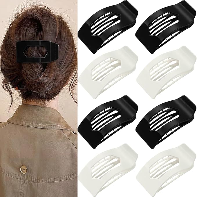 8 Pack Black White Flat Hair Clips for Women – Large Glossy Rectangle No-Slip Claw Clips for Thick & Thin Hair, Strong Hold Square Hair Accessories