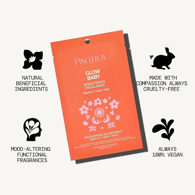 Pacifica Sheet Face Mask - 12 Pack - Glow Baby Brightening Facial Mask w/Vitamin C, Aloe & Kelp – Cooling Mask for Dark Spots & Fine Lines - Clean Beauty Vegan & Cruelty-Free Dermatologist Tested