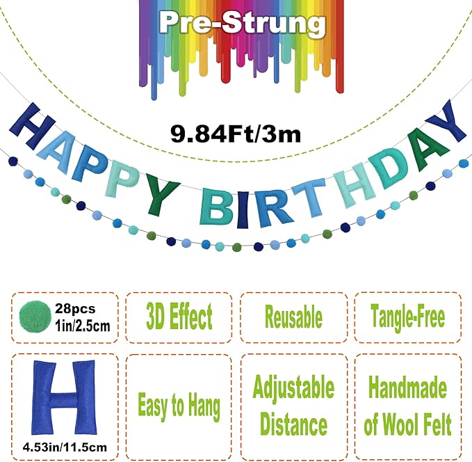 2 PCS Pre-Strung 3D Felt Happy Birthday Banner - Reusable Blue and Green Happy birthday Decorations Sign,Handmade Wool Felt Ball Garland, Pom Pom Garland, Party Decor, Photo Prop