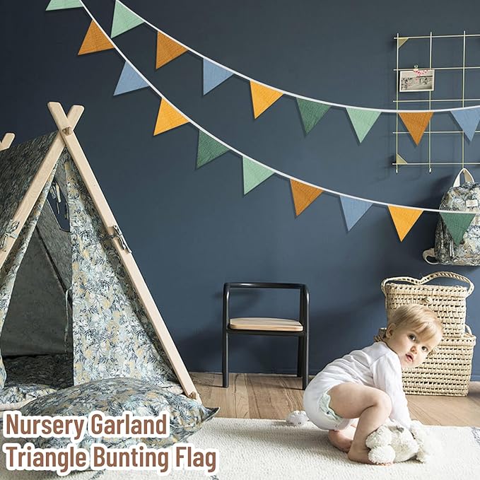 2PCS Pennant Banner Flags, Fabric Bunting Banner Nursery Garland Decor, Baby Shower Garland, Triangle Flags for Baby Boy Room, Playroom, Boho Birthday Party Decor, Each 7.75 ft (4 Colors)