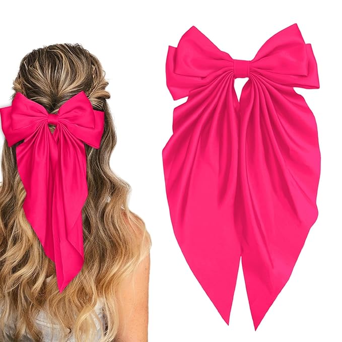 Ribbon Hair Clip Barrettes for Women and Girls - Pink Satin Hair Bows and Accessories, Christmas Gift (Rose)