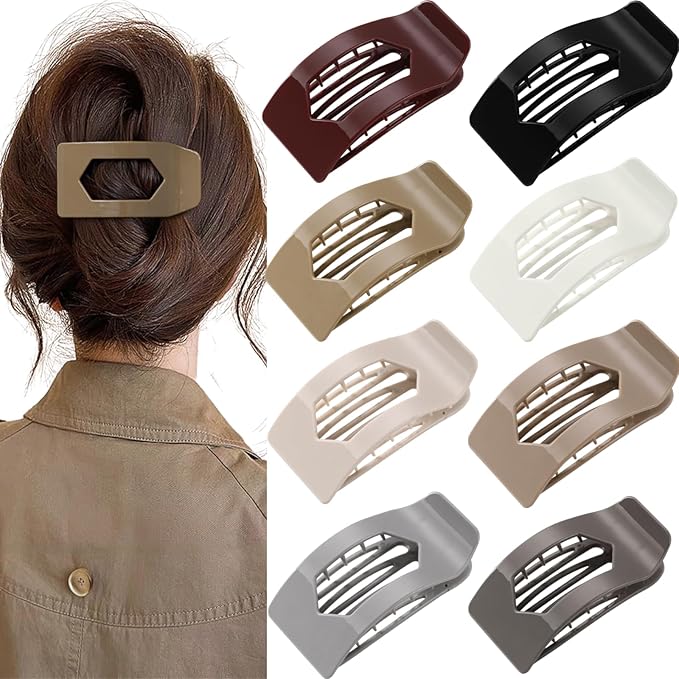 8 Pack Flat Hair Clips for Women – Glossy Neutral No-Slip Flat Claw Clips for Thick & Thin Hair, Large Strong Hold Square Rectangle Hair Accessories for Work & Stylish Fall Outfits
