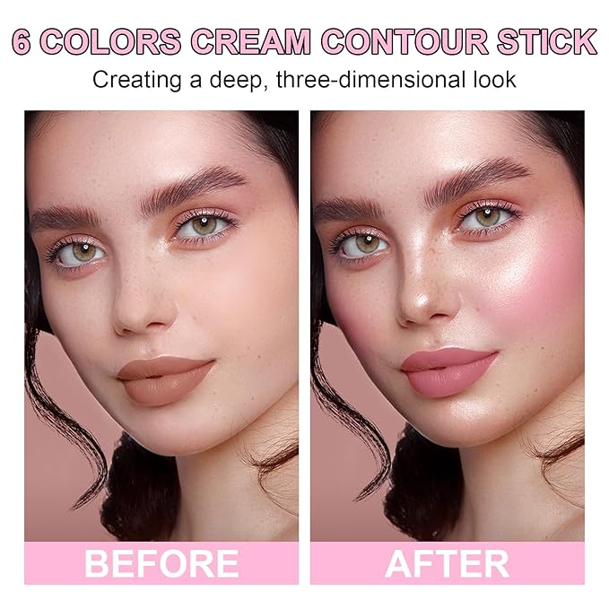 6 Colors Cream Contour Stick Makeup Kit, Shades with Highlighter Stick, Blush Stick and Double-End Bronzer Stick for Sculpt the Cheeks, Waterproof,Dewy & Matte Finish for Beginners (6 COLORS SET B)