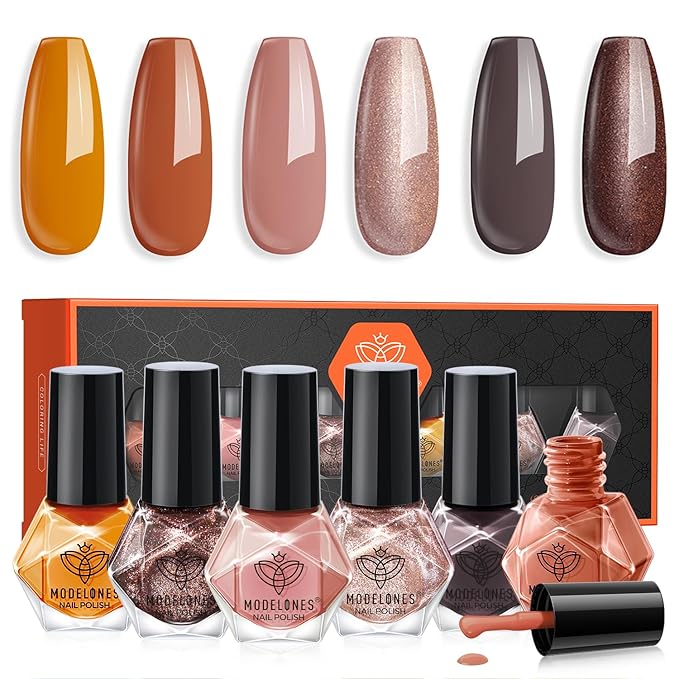 modelones Fall Orange Nail Polish Set 6 Colors, Nude Brown Maroon Gray Quick Dry Mini Nail Lacquer Kit, Nail Art DIY Home Salon Manicure Gifts for Women Girls