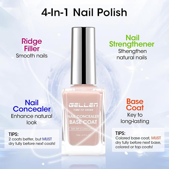 GELLEN 4-In-1 Nude Illuminating Nail Concealer Base Coat Polish Neutral Earth Tones, Sheer Nail Strengthener Ridge Filler for Nails, Smoothes Strengthens Nails, Quick Dry, Hema Free, Non-toxic, Vegan