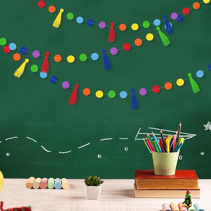 Rainbow Decorations Colorful Felt Tassel Circle Dot Garland Banner Rainbow Hanging Polka Dot Tassel Streamer for Classrooms Preschool Everyone is Welcome Nursery Birthday Fiesta Carnival Party Decor