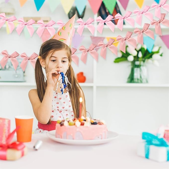 2pcs Bow Garland Banner, Ribbon Bow Party Decorations for Baby Shower Girls Bow Coquette Birthday Party Decor (Peach Pink+Pink)