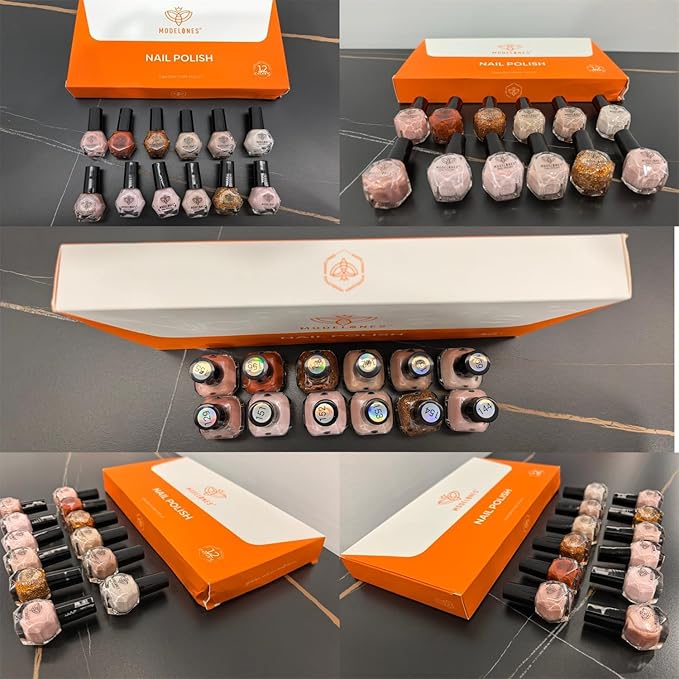 modelones Nail Polish Set 12 Colors Nude Brown Fall Nail Polish Set Champagne Gold Glitter Nail Polish Neutral Nude Pink Shimmer Fall Winter Brown Nail Gifts for Women Girl DIY Salon Home Manicure