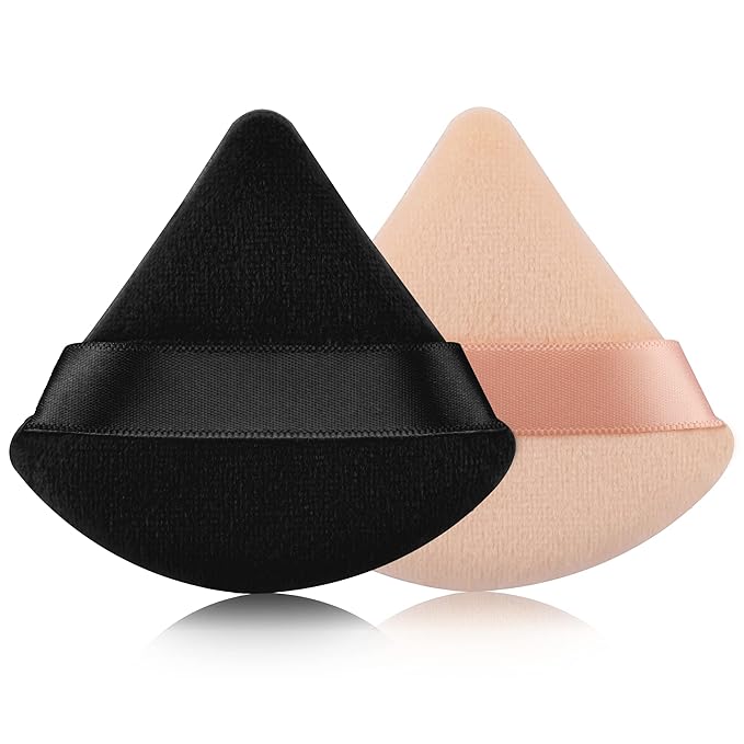 2 Pcs EVAOUXIU Triangle Powder Puff for Face Powder, Soft Plush Setting Powder Puff, Velour Cosmetic Foundation Blender Sponge Beauty Makeup Tools (Black&Nude)