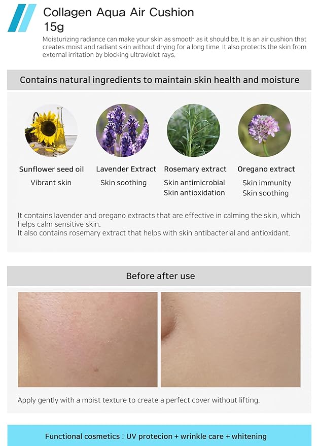 Enough Collagen Aqua Air Cushion, Hydrating Foundation with SPF50, Dewy Finish and Collagen Boost, Korean Beauty Essential for Radiant Skin, 0.53 oz (#13 - Light Beige)