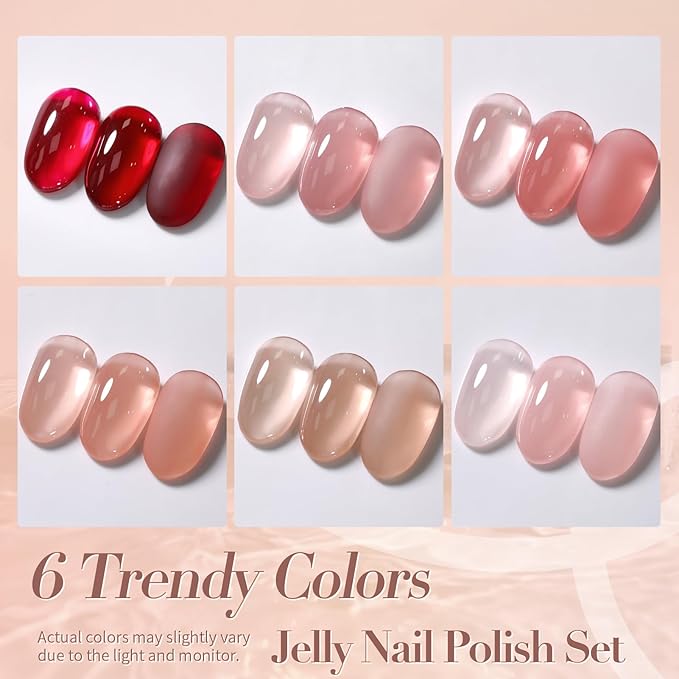 Born Pretty Jelly Nail Polish Set, 6 Colors Burgundy Red Brown Nude Pink Natural Colors Quick Dry Nail Polish Sheer Transparent Fall Winter Fingernail Polish for DIY Nail Art Salon Home Gifts