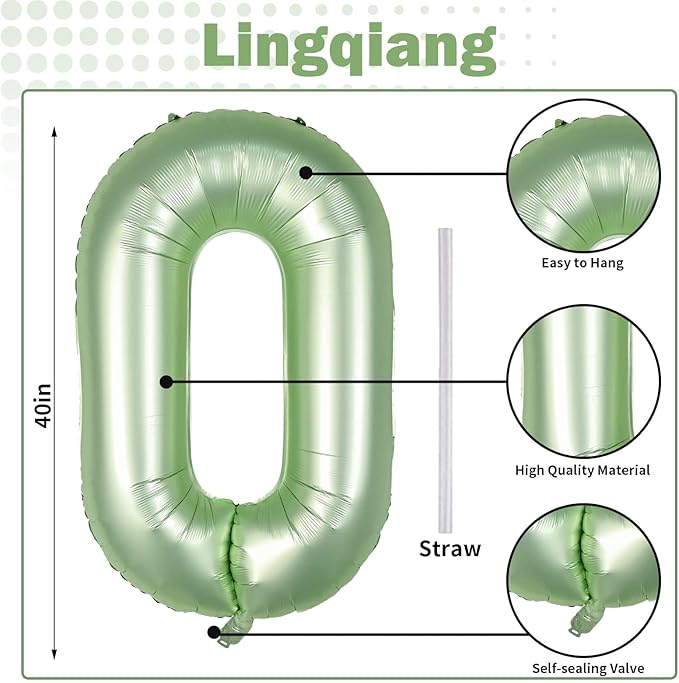 40 Inch Balloon Number 0 Sage Green, Large Foil Olive Green Number Balloons Set 0-9, Digital 0 Helium Balloons for Boys Girls 10th 20th Birthday Anniversary Jungle Safari Party Decoration Supplies