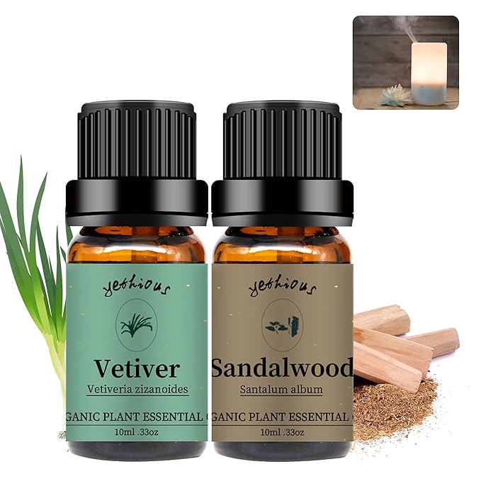 yethious Sandalwood Vetiver Essential Oil Set 100% Pure Organic Undiluted Aromatherapy Oils for Diffuser, Skin, Hair, Perfume, Soap, Candle Making 2 x 10ML