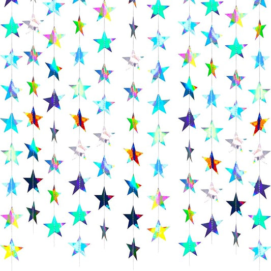 Patelai Glitter Star Garland Banner New Years Decor 130 Feet Star Hanging Banner Twinkle Backdrop for Birthday Classroom Wedding Halloween Christmas Party Supplies(Holographic Iridescent)