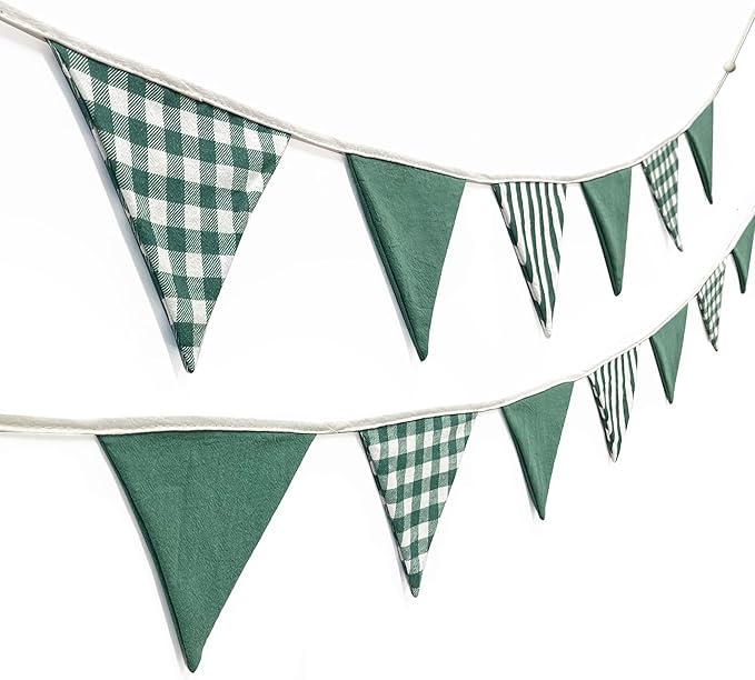 2 Sets Green Pennant Banner Flags 24Pcs Green Buffalo Plaid Striped Nursery Garland Linen Fabric Gingham Triangle for Baby Playroom Decor Kids Checkered Birthday Golf Baby Shower Party Decorations