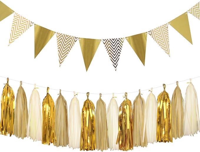 Sparkly Paper Pennant Banner Triangle Flags Bunting 8.2 Feet and Tissue Paper Tassels Garland 15 pcs for Baby Shower, Birthday Party Decorations, Metallic Gold