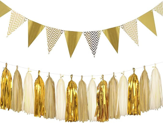 Sparkly Paper Pennant Banner Triangle Flags Bunting 8.2 Feet and Tissue Paper Tassels Garland 15 pcs for Baby Shower, Birthday Party Decorations, Metallic Gold