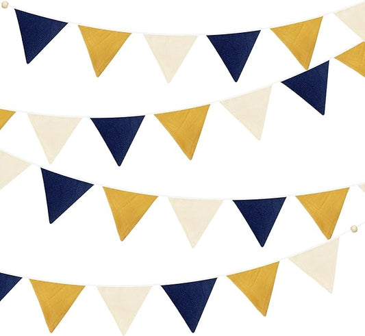 2 Sets of Blue Yellow White Nursery Garland 24Pcs Yellow Blue Fabric Linen Pennant Banner Flags Triangle Streamers for Baby Playroom Decor Kids Boys Birthday Baby Shower Grad Party Decorations