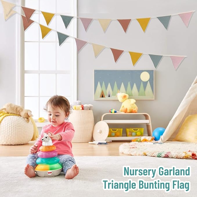 2PCS Pennant Banner Flags, Fabric Bunting Banner Nursery Garland Decor, Baby Shower Garland, Triangle Flags for Baby Boy Room, Playroom, Boho Birthday Party Decor, Each 7.75 ft (Vintage Color)